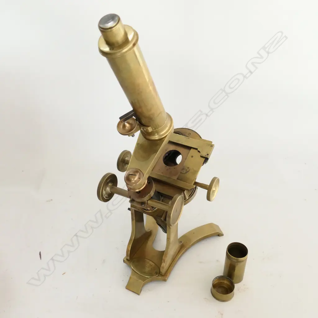 BRASS MONOCULAR MICROSCOPE by JAMES PARKES & SON, B'HAM  w VARIOUS LENSES (CASE w REPLACED DOOR) Image 1++